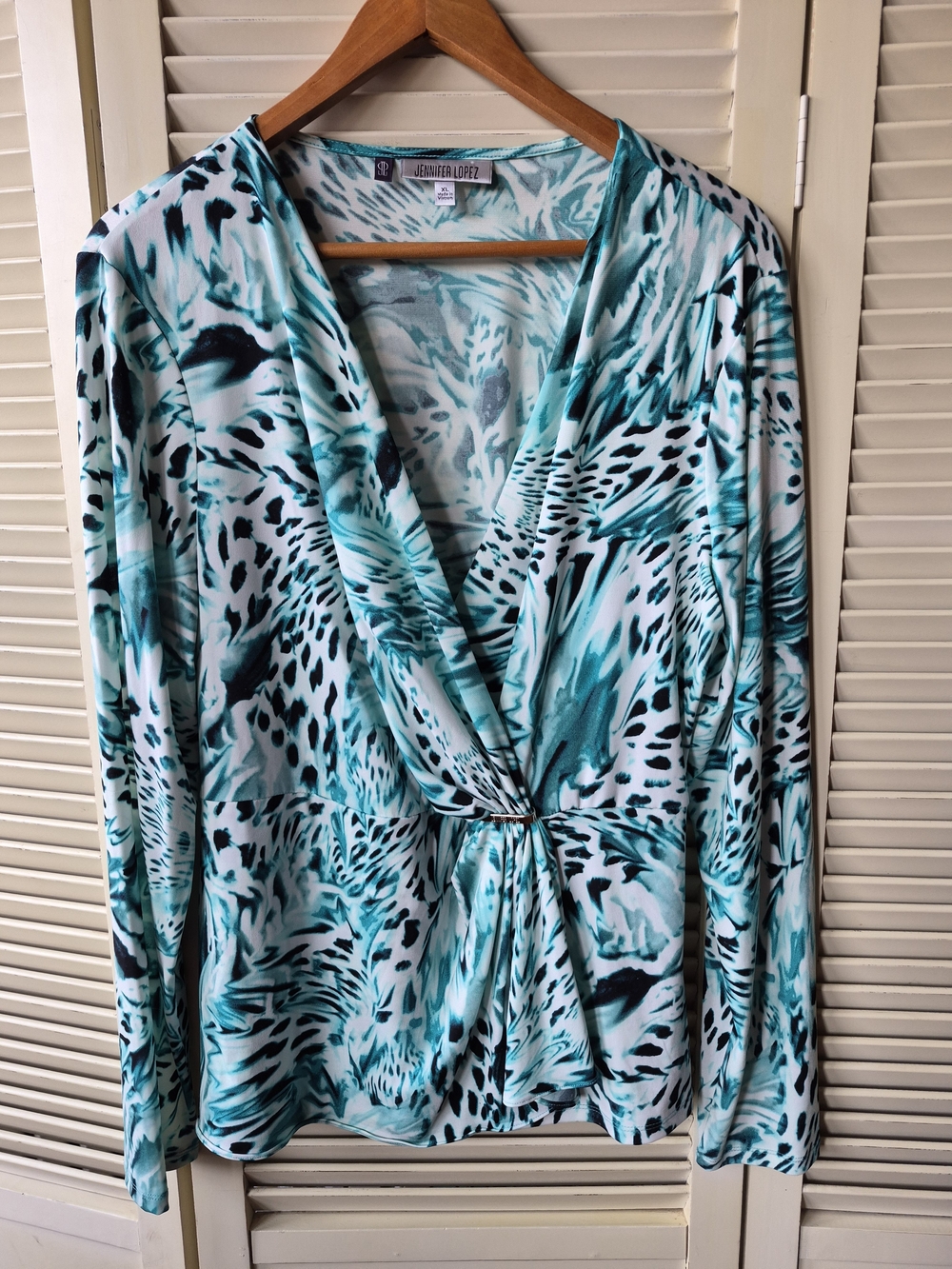 Jennifer Lopez Teal & White Long Sleeve Top Size XL